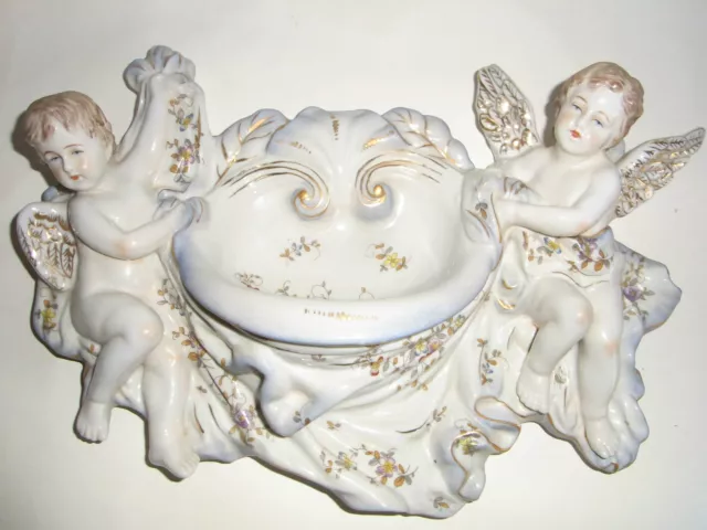 11B37 Ancien Grand Bénitier Statue Angelots Ange En Porcelaine Allemande Saxe ?