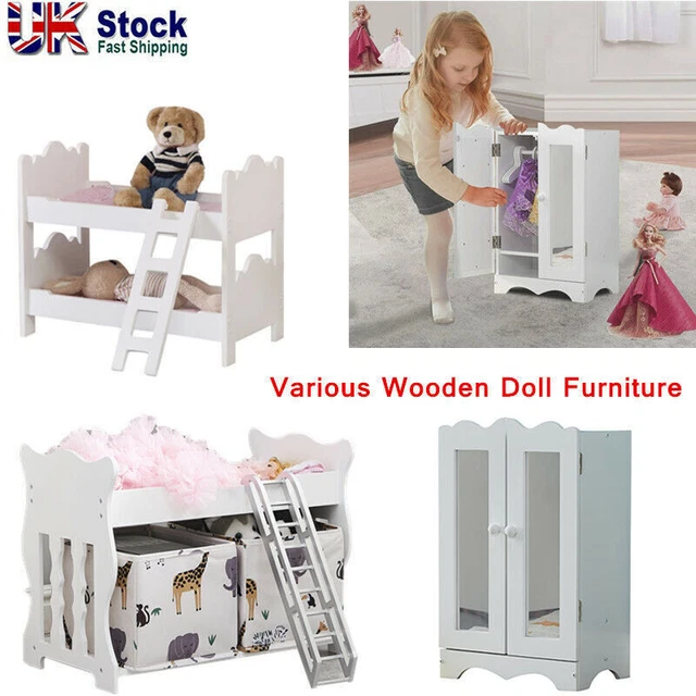 18& DOLLS CLOSET Wardrobe with 6 Hangers,Wooden Doll Bunk Bed Kids Role