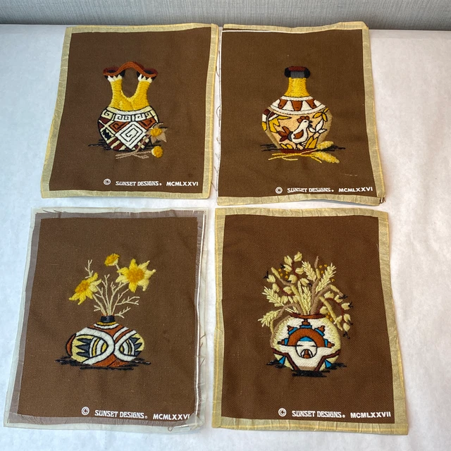Lote de Colección Años 70 Crewel Stitchery Sunset Designs Southwest Marrón Completado