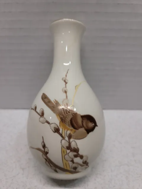 Vintage Otagiri Japan Bird on Branch Mini Bud Vase White with Gold Accents 4.5"