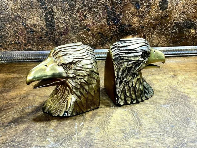 Vintage Mid Century Brass Federal Eagle Head Bust Bookends~  USA Patriotic Pair