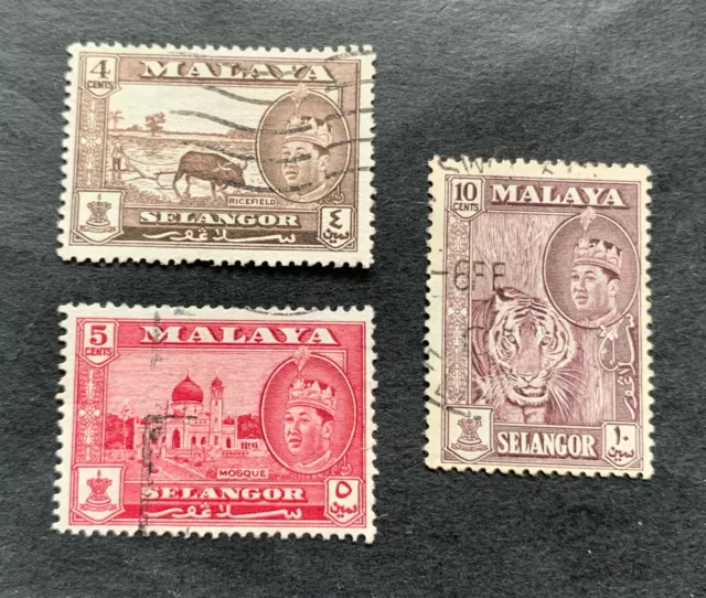 Selangor Malesia Malesia 1961 - 3 francobolli usati - Michel n. 92, 93, 95