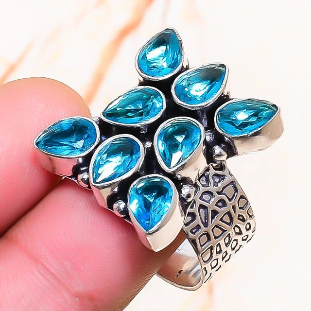 Swiss Blue Topaz Gemstone Handmade Gift Jewelry Ring Size 9 Y778