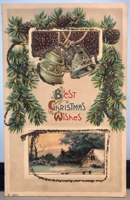 "Best Christmas Wishes" Vntg Holiday Postcard W/ Garland & Winter Scene- Cr.1912