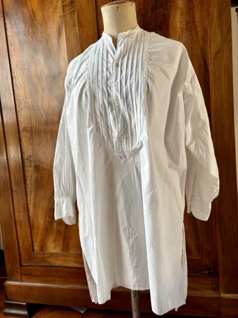 Ancienne CHEMISE GRAND-PERE coton blanc 2 pans &plastron plis religieuse col Mao