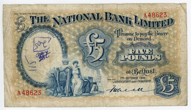 Northern Ireland National Bank Limited 5 Pounds 1939 P-156a VG-F