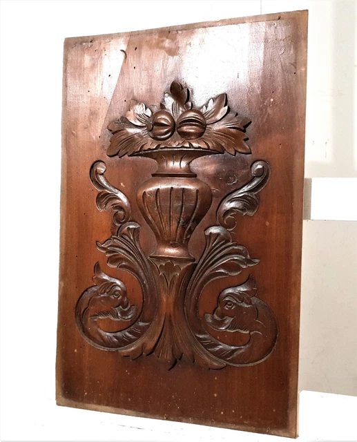 Griffin scroll leaf wood carving panel - Antique french architectural salvage .