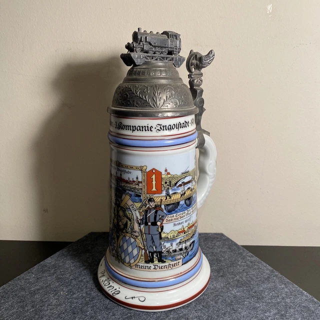 3rd Bat. 1st Reg. Lithopane Regimental German Stein Figural Pewter Train Lid