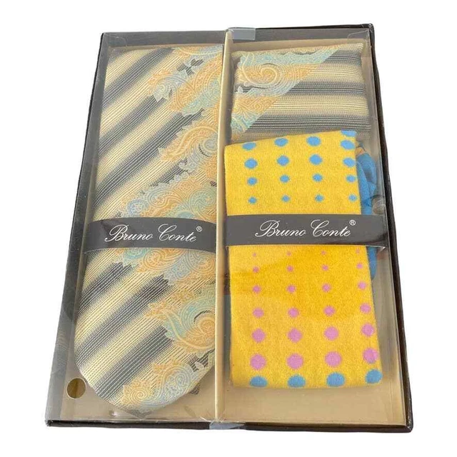 Bruno Conte Necktie Hanky Dress Socks Matching Set Fashion Color Design Gift Box