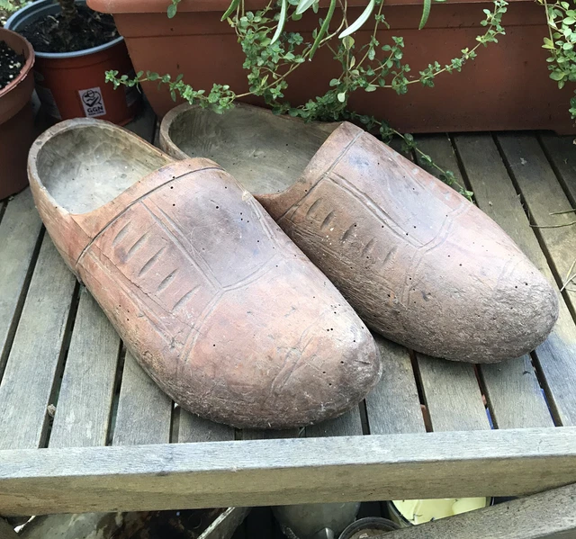 Antique French Dutch Hand Carved Wooden Adult Clogs Shoes 1800s Wood Garden Work