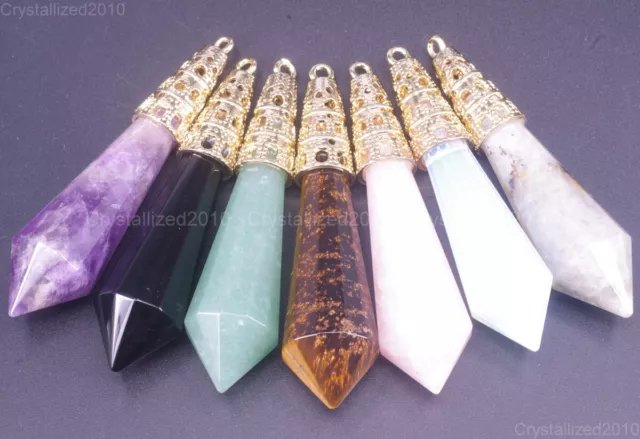 Natural Gemstone 12 Faceted Hexagonal Reiki Chakra Healing Pendant Beads Gold