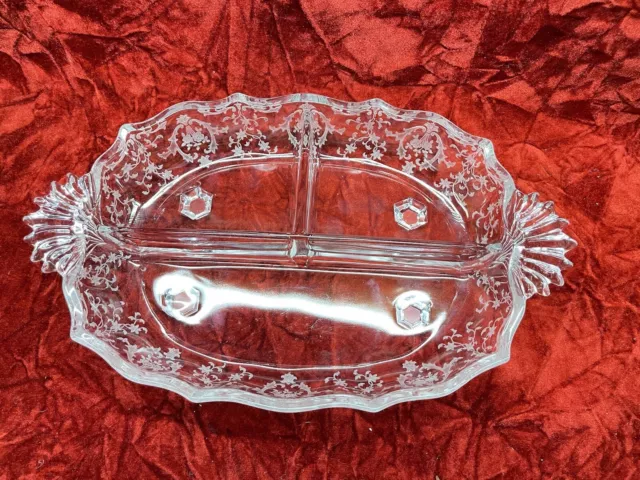 Vintage Fostoria Chintz Etched Glass Divided 3 Part Relish Candy Dish  w/Handles