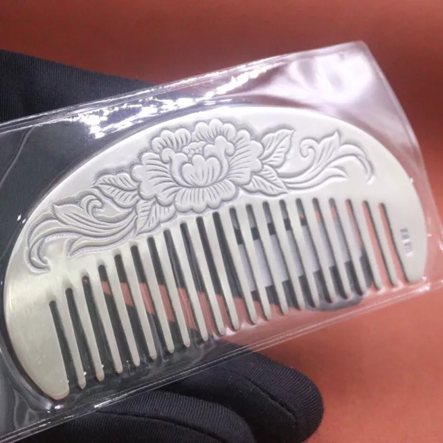 999 Fine Silver Pure Silver Hair Comb Carved Peony Hair Care 3.74in Mother Gift