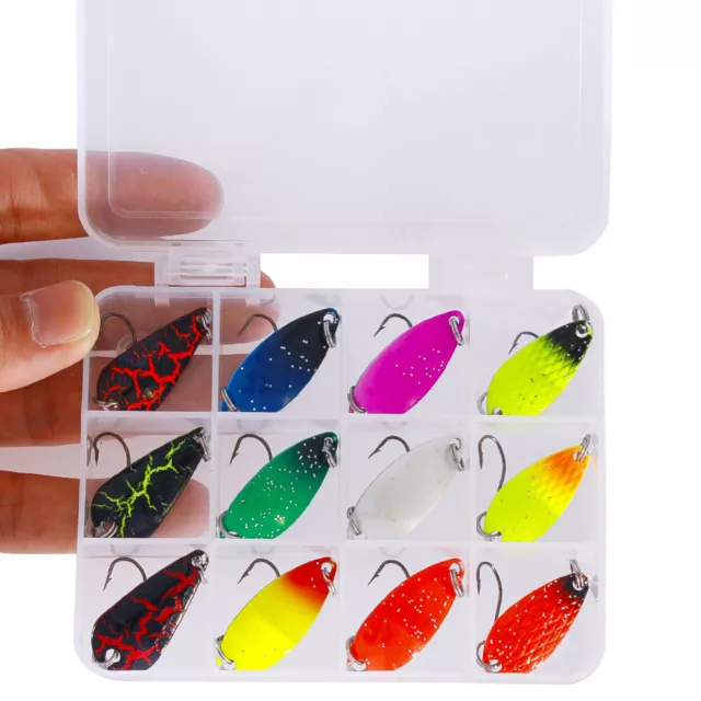 12PCS Box Fishing Lures Trout Spoon Casting Spoons Metal Crankbait Tackle Bass