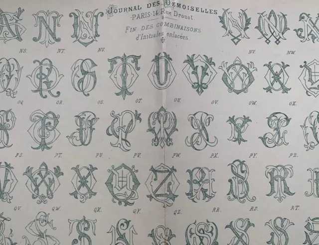 Antique 1870s French Journal des Demoiselles Embroidery pattern - Initials