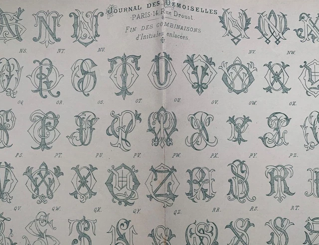 Antique 1870s French Journal des Demoiselles Embroidery pattern - Initials