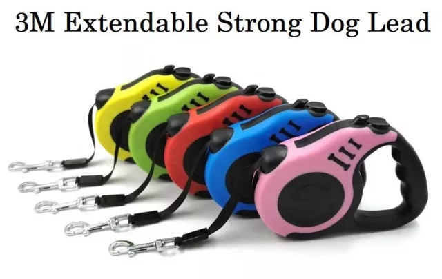 Dog Lead Durable Retractable Extendable Leash Pet Walking Strong Running Lead 3M