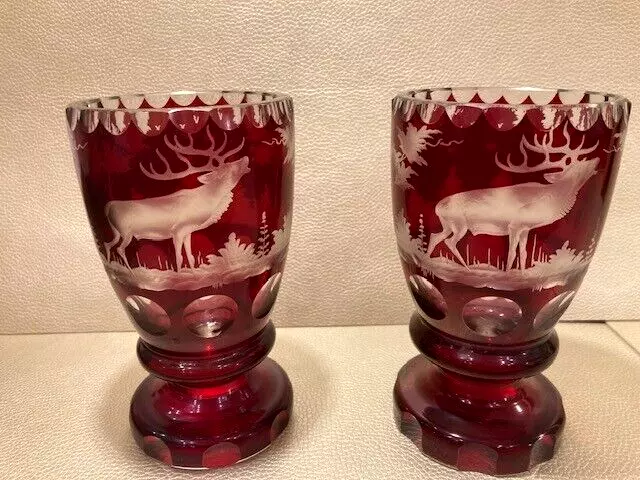 2 Ranftbecher  Becher Pokal Rubinglas Hirsch Jagd Geschenk für Jäger 600g alt