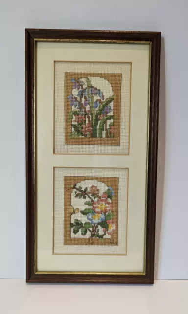De colección 1985 enmarcada punto de cruz diseño floral firmado 32x18 cm interior de colección en muy buen estado