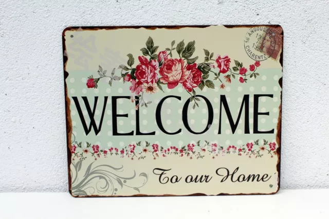 Targa di Latta Welcome To Our Home Nostalgia Ispido Vintage Fiori Decorazione