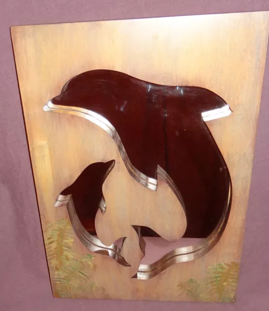 Dolphin Wooden Mirror Ferns 17" Mother and Baby Pup Calf Brown