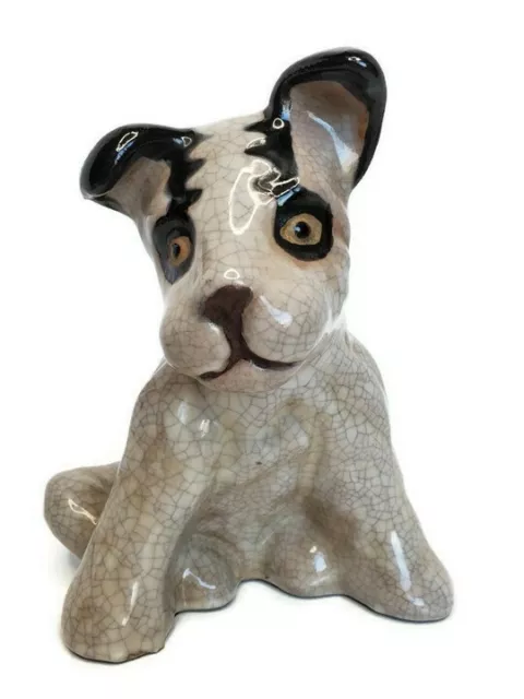 Sitting Boston Terrier Jack Russell Dog Puppy Folk Art Ceramic Figurine