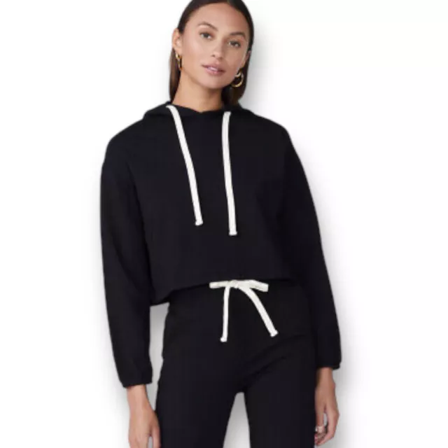 Monrow Women Sweatshirt XS Black French Terry Cropped Hoodie Pullover Athleisure