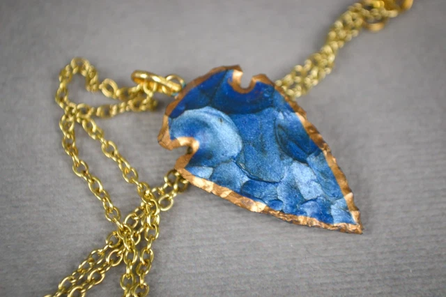 BLUE & GOLD ARROWHEAD PENDANT projectile point knapped jewelry necklace knapping