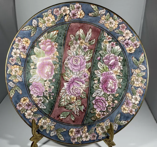 Andrea Sadek Decorative Plate Pink Purple Roses Gold Trim Floral Flowers Plate