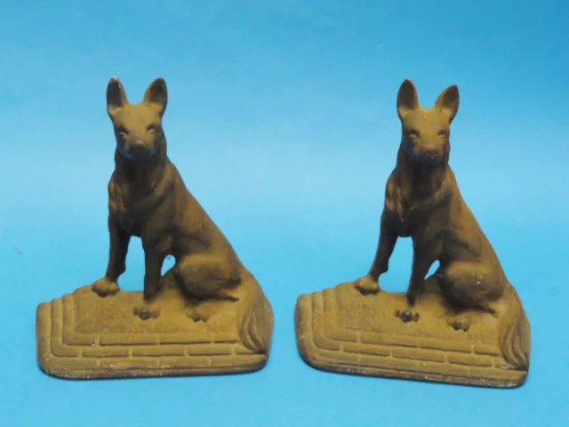 2x ANTIQUE CAST IRON GERMAN SHEPHERD DOG BOOKEND ~  5.75"