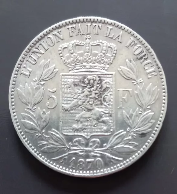 Ancienne  Monnaie Argent 5 Frs Belge Léopold Ii -  1870  Tb