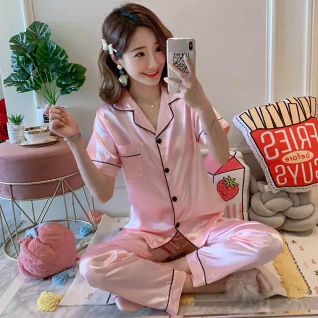 Womens Short Sleeve Pajamas Set Button-Down Silk Satin Sleepwear Nightwear Robe