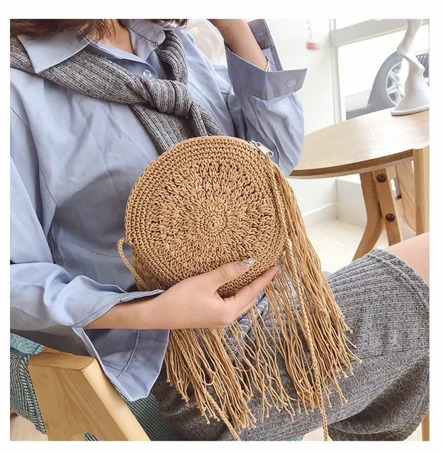 Bohemian Round Long Tassel Straw Bag Rattan Women Crossbody Wicker Small Purse