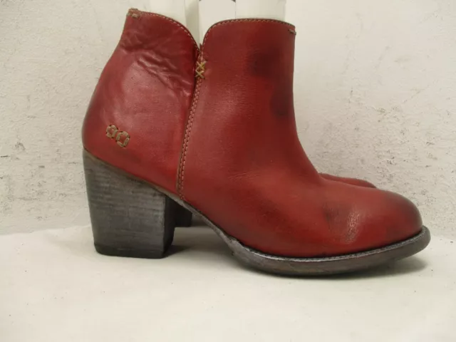 Bed Stu Red Leather Side Zip Chunky Heeled Ankle Boots Womens Size 9