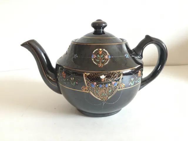 Vintage Redware Tea pot  made in occupied Japan  glaze brown Floral Hand painted
