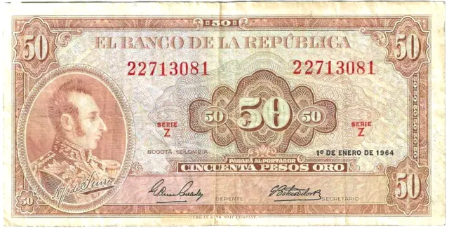 COLOMBIA 50 PESOS 1964 - P-402b ~ NICE CRISP VERY FINE + PROBLEM-FREE NOTE