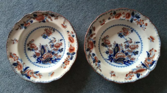 Antique Minton late 1800 Deep Dish Plates 10" Blue And Red / Orange