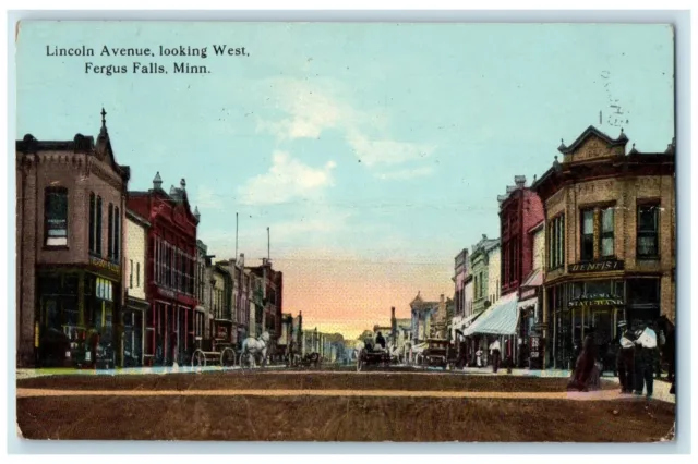 1913 Lincoln Avenue West Business District Fergus Falls Minnesota MN Postcard