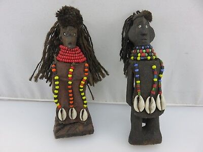 African Small Hand Carved Wood Beaded Shells Art Sculpture Dolls Vintage