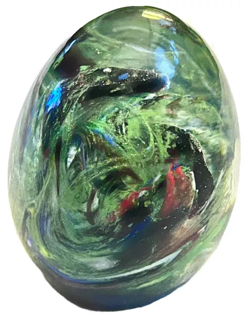 Green Blue Red Swirl Art Glass Egg Shaped Paperweight WV Wheaton Village