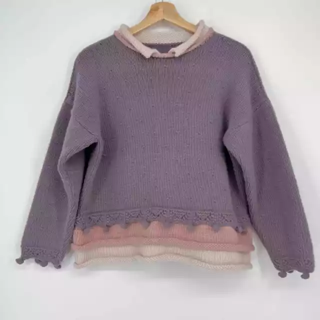 Hand knit Layered Chunky Sweater Womens Large Purple Pink Wool Blend Artsy OOAK