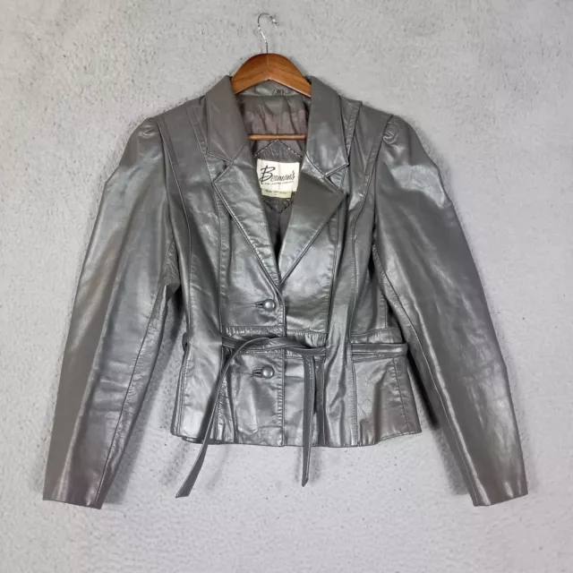 BERMANS JACKET WOMEN’S 12 Gray 100% Leather Belted Lined Button Front ...