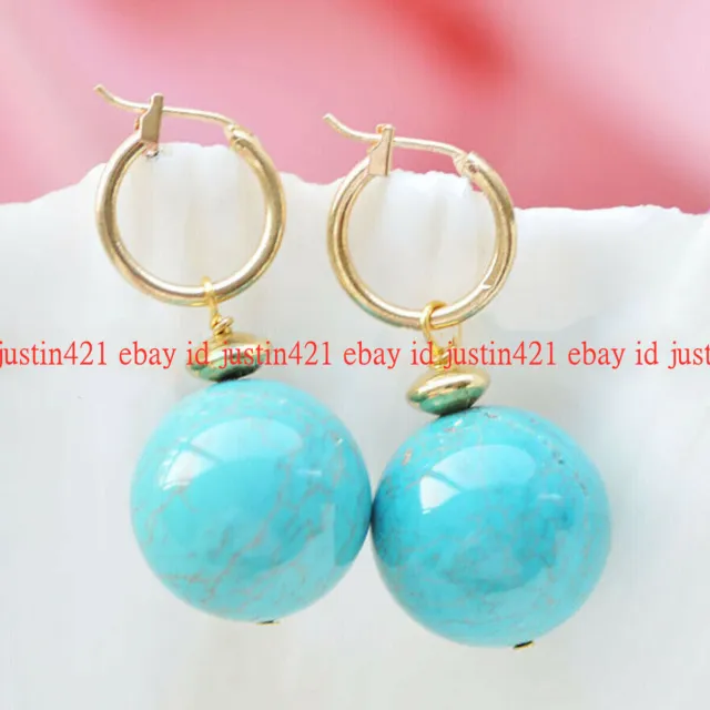 Natural Blue Turquoise Round Gemstone Beads Dangle Gold Leverback Earrings