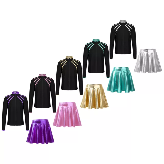 Kids Girls Costume Gymnastics Outfits 2pcs Dancewear Tracksuit Skirt Top Jacket