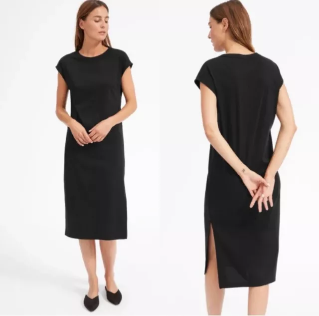 NEW EVERLANE XXS The Luxe Cotton Side-Slit Tee Midi Dress Black 3