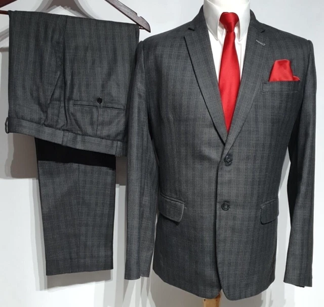 Abito vintage su misura senza marchio 2 pezzi Ch44""L W36"" L31,5""Grigio a quadri 2 x pantaloni