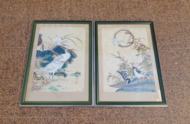 Antique Chinese Japanese Paintings Signed Nature Birds Framed