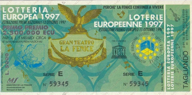 1997 Gran Teatro La Fenice LOTTERIA Europea biglietto con tagliando