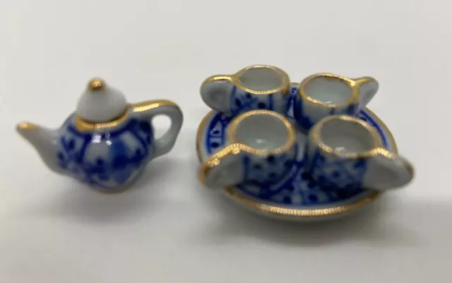 1/12th Dolls House Furniture Miniature 6pc Blue and White Ceramic Tea Set