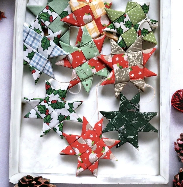 Handmade Fabric Christmas Star Ornament Tree Decoration holly pudding reindeer